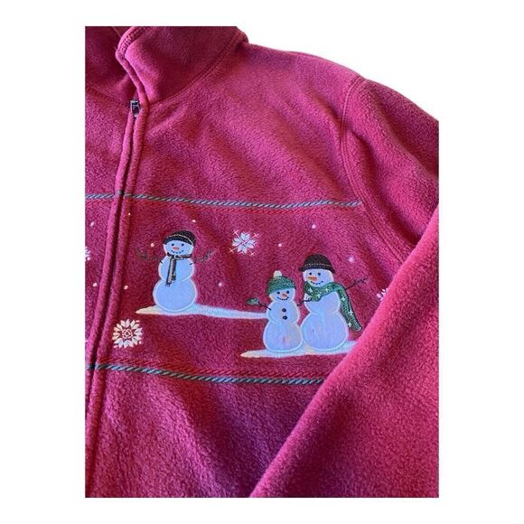 Croft & Barrow Red Fleece Jacket White Snowmen Green Fur Trees Snowflakes Size L - Picture 4 of 11